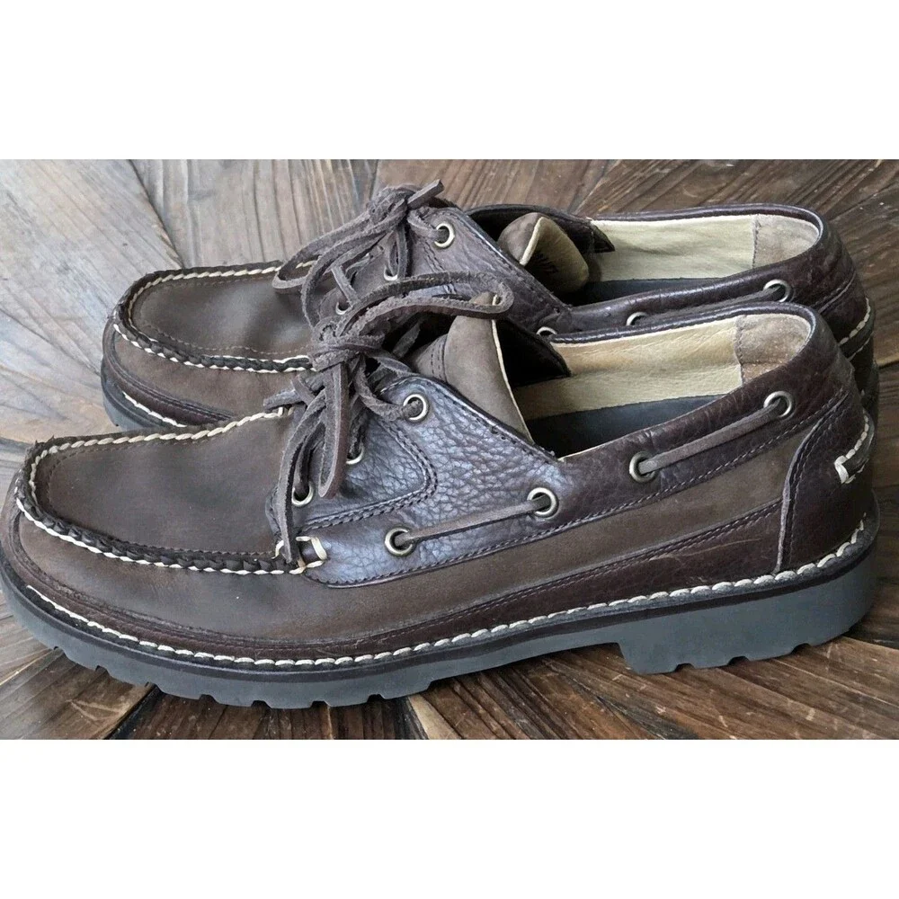 L.L.Bean Men's Leather Lace-Up Boat Shoes Brown Rubber Sole Round Toe 9 M